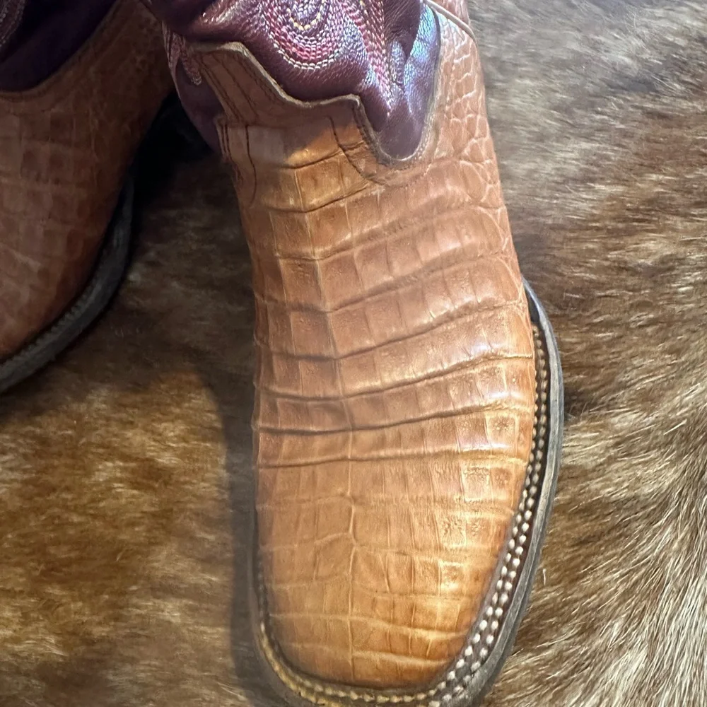 Lucchese Tan/Burgundy Caiman (Croc) Women’s Cowboy Boots - Picture 5 of 10